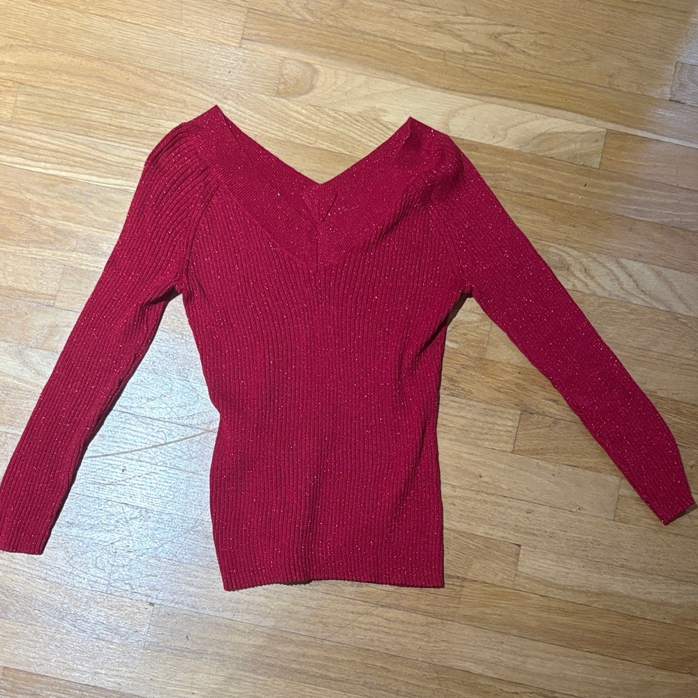 New York & Company Sparkle Red V-Neck Ribbed Sweater